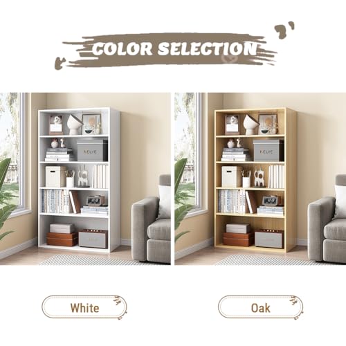 NELYE 5-Tier Oak Finish Open Bookcase – 23.62x9.53x52.17 inches, Stylish Storage Shelf