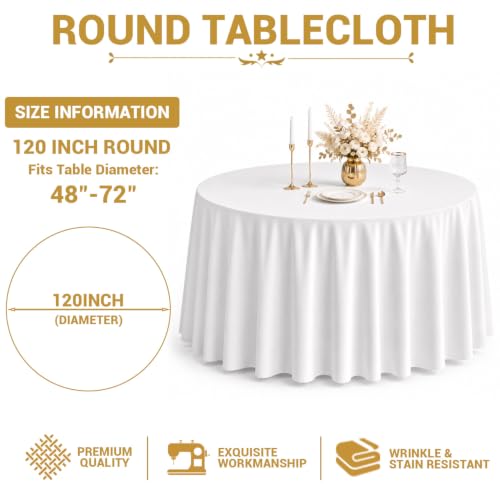 White Round Tablecloth 120 Inch, 10 Pack Washable Polyester Cover for Dining & Events - Variation of White / 10 Pack