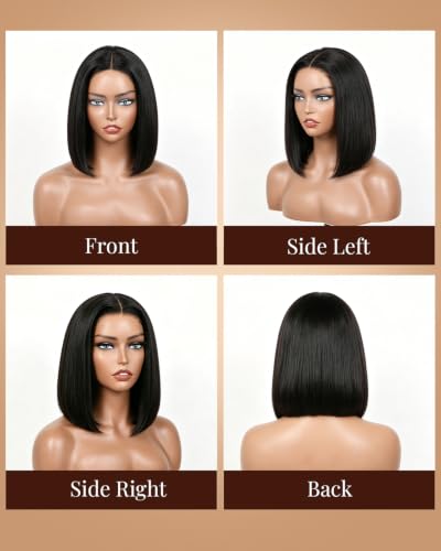 7x6 Glueless Human Hair Bob Wig - Pre-Cut Lace Closure 12 Inch - Natural Black