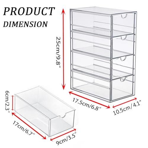 Hipiwe Plastic Drawer Organizer Clear Hair Accessories Organizer Box with 4 Pull Out Drawer Compact Storage Box for Cabinet Vanity Bathroom Pantry Office or Closet Organization