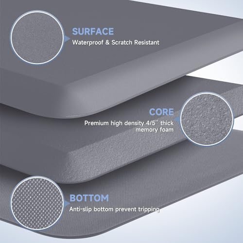 4/5 Inch Thick Memory Foam Kitchen Mat - Grey, 70 x 24 Inches, Anti-Fatigue Rug for Standing