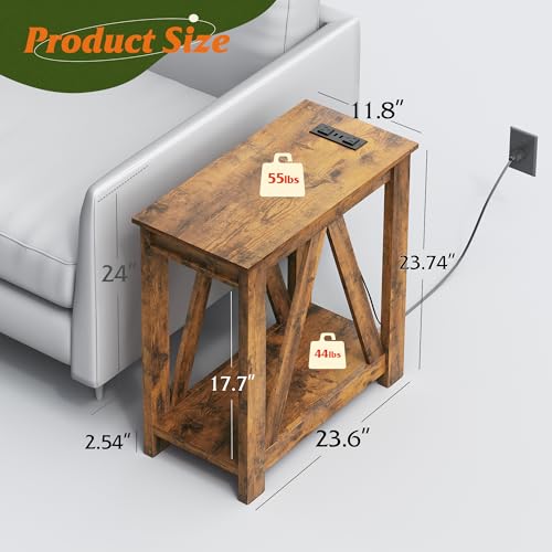 Farmhouse End Table with Charging Station - Rustic Brown, Narrow Side Table for Small Spaces
