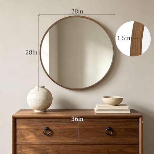 Round Wood Mirror 28 Inch Wall Decor Rustic Farmhouse Walnut Frame