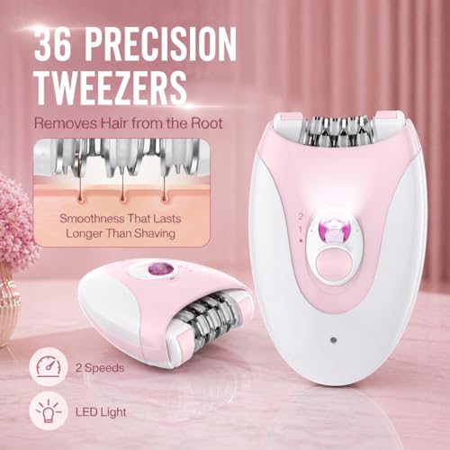 Women's Electric Epilator for Face & Body - 36 Tweezers, Cordless, Wet & Dry, 2 Speeds