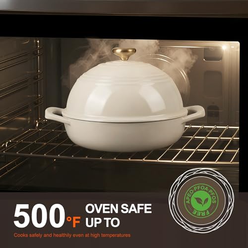 Overmont Cream White 6QT Enamel Cast Iron Dutch Oven with Dome Lid for Bread Baking