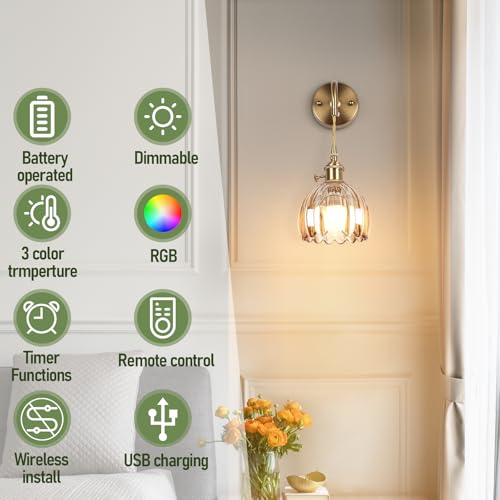 Tulip Amber Battery Operated Wall Sconce Set of 2 - Wireless Dimmable RGB Lamps with Remote
