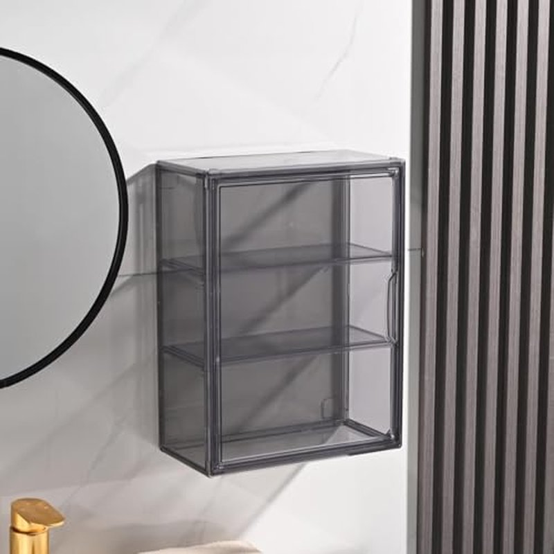 3PACK 3 Tiers Acrylic Display Case with 2 Division Boards, Acrylic Storage Organizers Box with Magnetic Door, Wall-Mounted Dustproof Showcase for Makeups, Purses, Figure