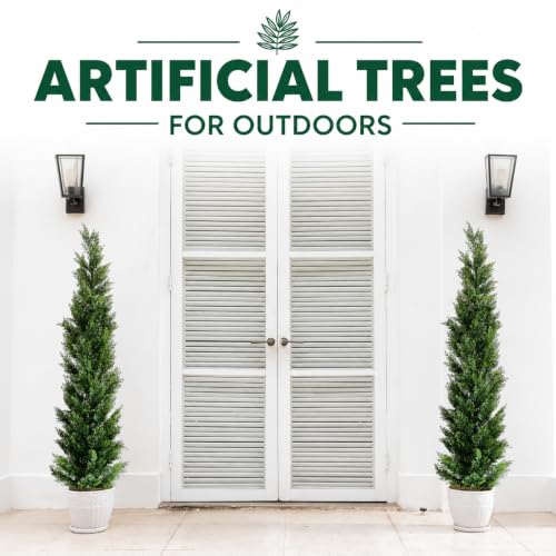 5 Feet Outdoor Artificial Cedar Topiary Trees Set of 2 - UV Resistant Faux Shrubs with Potted Design - Green