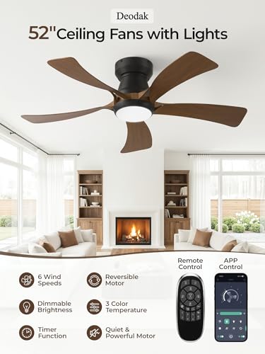 Brown 52 Inch Flush Mount Ceiling Fan with Lights, APP & Remote Control