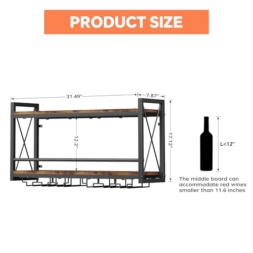 Homeiju 31.5W x 7.91D x 16.85H Wall Mounted Wine Rack with Glass Holder, Vintage Wood & Metal Design