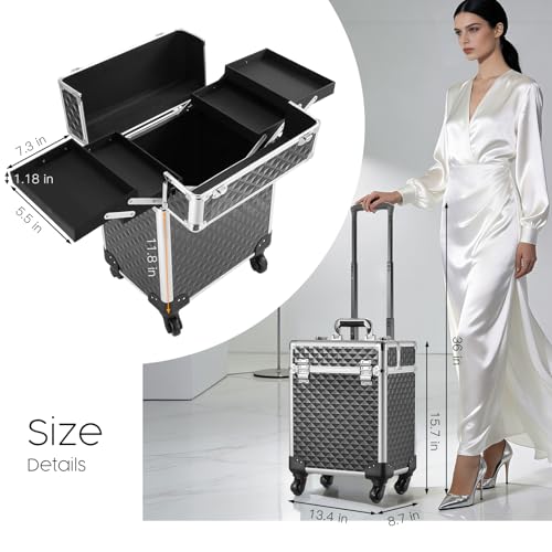 Rolling Makeup Train Case Large Cosmetic Trolley Organized Aluminum Barber Case for Hairstylist Makeup Nail Tech Salon with Keys Swivel Wheels Traveling Cart Trunk - Black