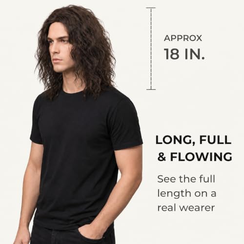 Mens Brown Wavy Wig - Medium Length Natural Look Middle Part Cosplay Costume