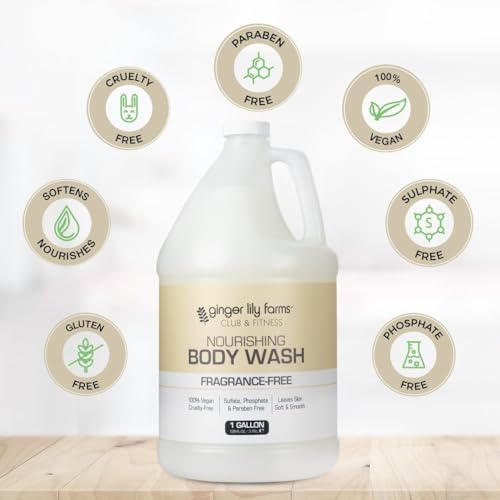 Ginger Lily Farms Club & Fitness Nourishing Body Wash, 100% Vegan & Cruelty-Free, Bath & Shower Gel for Men and Women, Fragrance Free, 1 Gallon (Pack of 4)