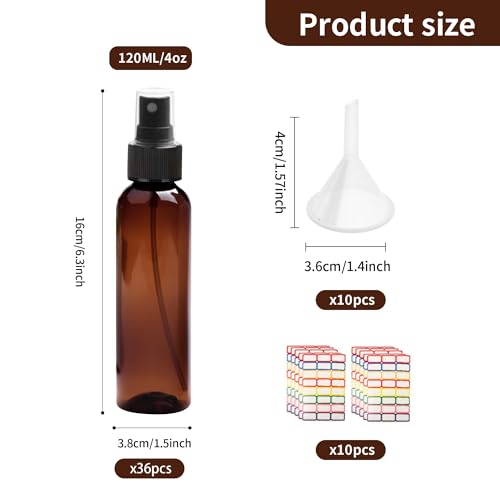4 oz Amber Plastic Spray Bottles Pack of 36 with Funnels & Labels - Travel & Essential Oils