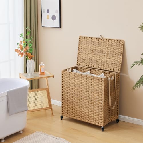 Large 39.6 Gallon Laundry Hamper with Wheels & Lid - 3-Section Rattan Basket with Removable Liners, Mesh Bags, Side Pocket - Natural, 150L