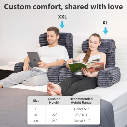 XXL Bed Sitting Pillow with Armrests & Large Pockets - Dark Grey