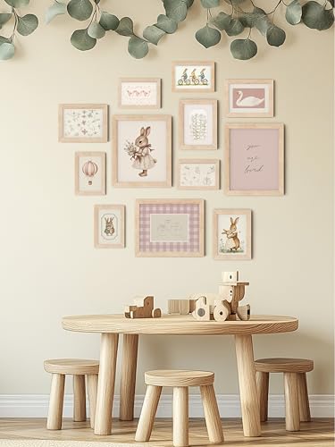 Framed Nursery Wall Art Set for Baby Girls - Pink Bunny, Swan, Animals, 12 Prints in Multi Sizes
