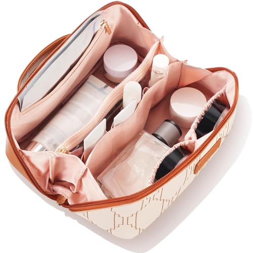 PU Leather Travel Makeup Bag for Women, Large Capacity Cosmetic Organizer, Structured Waterproof Travel Toiletry Bag, Portable Handheld Makeup Pouch for Home & Travel (Medium)