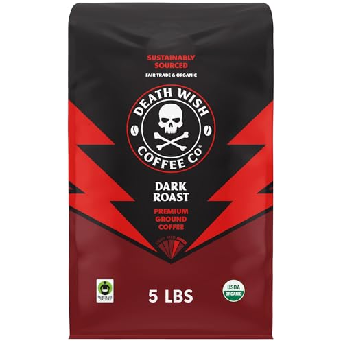 Death Wish Organic Dark Roast Ground Coffee 80 oz - Fair Trade & Bold Flavor with Cherry & Cocoa Notes - Pack of 1