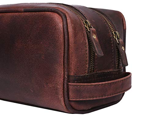 Leather Toiletry Bag for Men and Women - Walnut 10.5 Inch Travel Dopp Kit