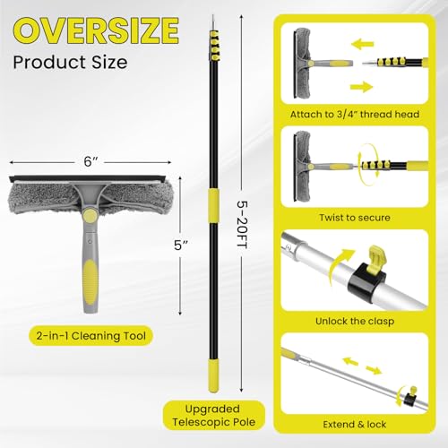 20FT Telescopic Window Squeegee with Extension Pole, 2-in-1 Washable Microfiber & Rotating Head
