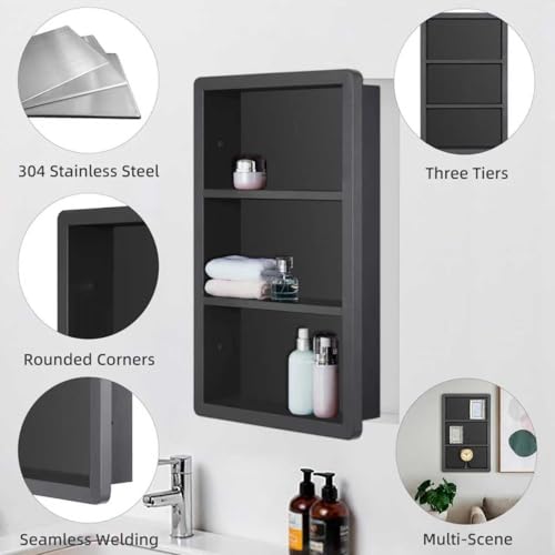 IDYLLOR Matte Black Recessed Medicine Cabinet 14x24 Wall Storage with Shelves