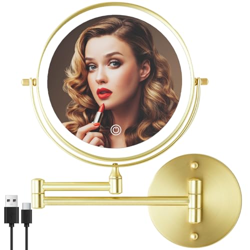 Rechargeable Wall Mounted Lighted Makeup Vanity Mirror 8 Inch Double Sided 1X 10X Magnifying Bathroom Mirror, 3 Color Lighting, Touch Screen Dimming, 360 Rotation Shaving Mirror Gold