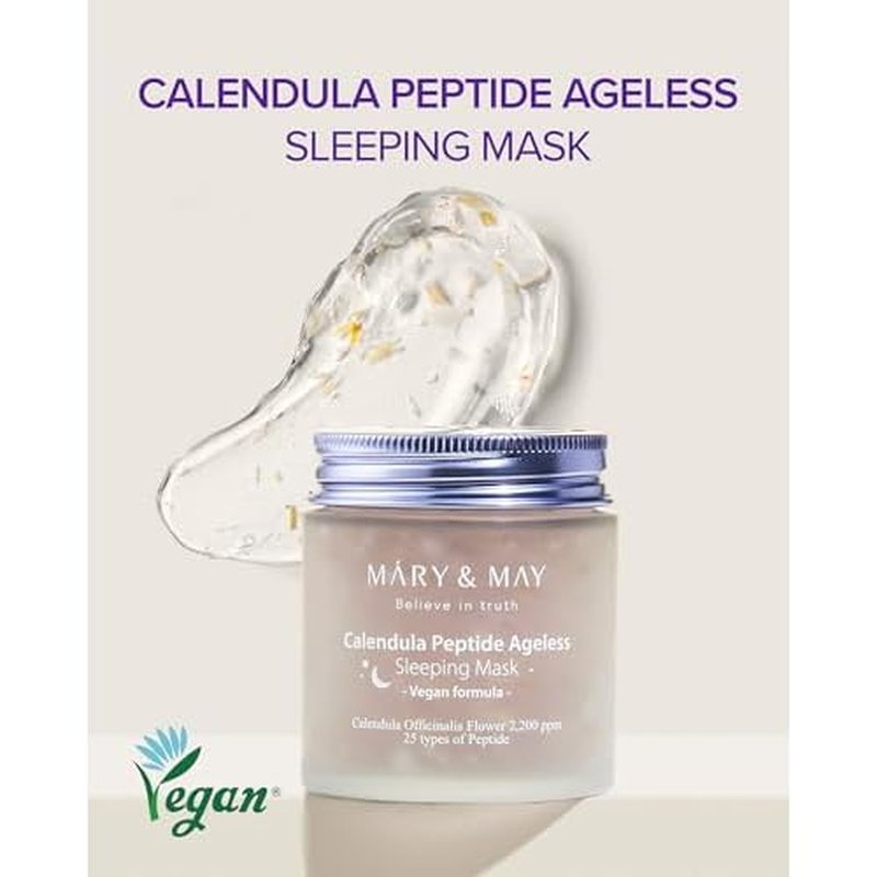 Mary&May Vegan Calendula Peptide Ageless Sleeping Mask (2,200ppm Real Petals + 25 Peptides) ? Overnight Hydrating Gel Face Mask with Ceramide & Hyaluronic Acid, Soothing 3.7 fl oz
