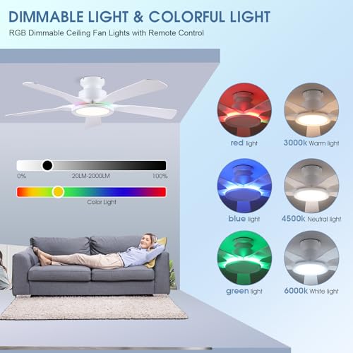 Wiviniya 52-Inch White RGB Ceiling Fan with Remote & App Control, Dimmable Light
