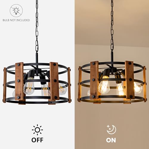 Brown Wood Farmhouse Chandelier - 15-Inch Rustic Wooden Pendant Light Fixture for Dining & Entryway