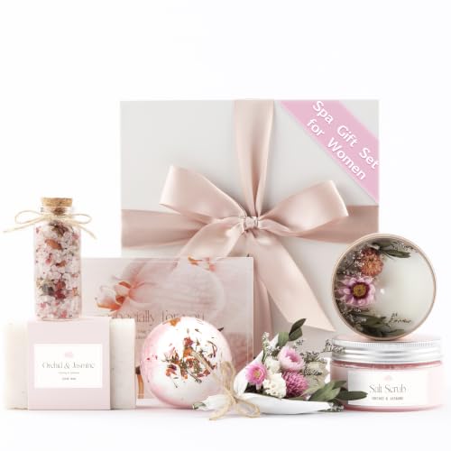 Orchid & Jasmine Spa Gift Basket - Luxury Candle & Bath Set for Women - Self Care Gift for Mom, Wife, Friend