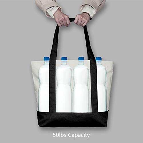 Large Reusable Canvas Tote Bag with External Pocket - Black/Natural, 6 Pack