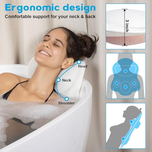 Bath Pillows for Tub Neck and Back Support - Upgraded Non-Slip Rubber Backing & 6 Suction Cups, 4D Air Mesh Spa Bathtub Cushion for Head Rest, Machine Washable with Laundry Bag & Hook(White)