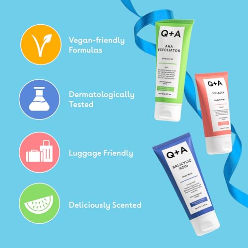 Q+A Bodycare Treats Gift Set, 3-Step Routine for Smooth, Soft Skin, Salicylic Acid Body Wash (75ml), AHA Body Scrub (75ml) & Collagen Body Butter (50ml), Stocking Stuffers and Travel Size Toiletries