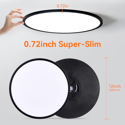 Black 12-Inch LED Flush Mount Ceiling Light - 24W Dimmable, 5 CCT Options, Slim Profile for Bedroom Kitchen Hallway