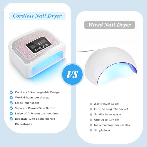 Aedavey Cordless Nail Lamp, 120W Rechargeable UV Nail Lamp for Gel Nails, LED Nail Lamp with 4 Timer Modes, Gel Nail Light Decorate with Sparkling Nail Rhinestones Diamond
