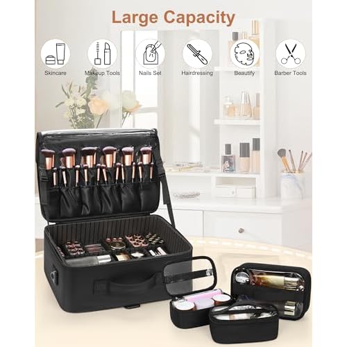 Relavel Large Makeup Bag with 3 Removable Pouches, Travel Train Case Cosmetic Organizer Carrying Box for Makeup Artists Hairstylist with Adjustable Dividers, Brush Holder and Shoulder Strap, Black