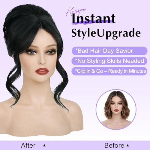 Black Messy Bun Hair Piece with Bangs 2-in-1 Updo Wig for Women