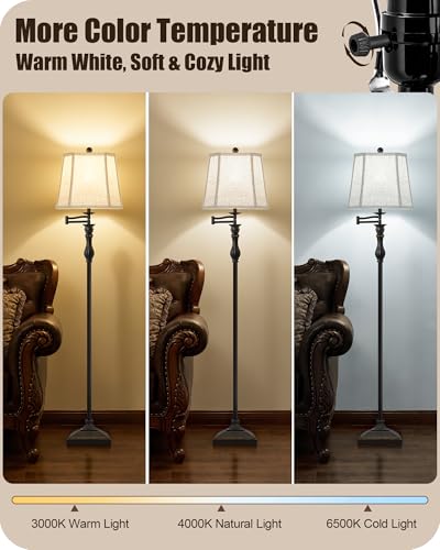 Black 62-Inch Adjustable Floor Lamp with Swing Arm and Linen Shade