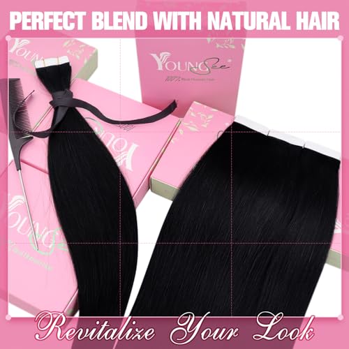 YoungSee 26 Inch Tape-In Human Hair Extensions Black Long Straight Pack of 1 - 20 Pieces