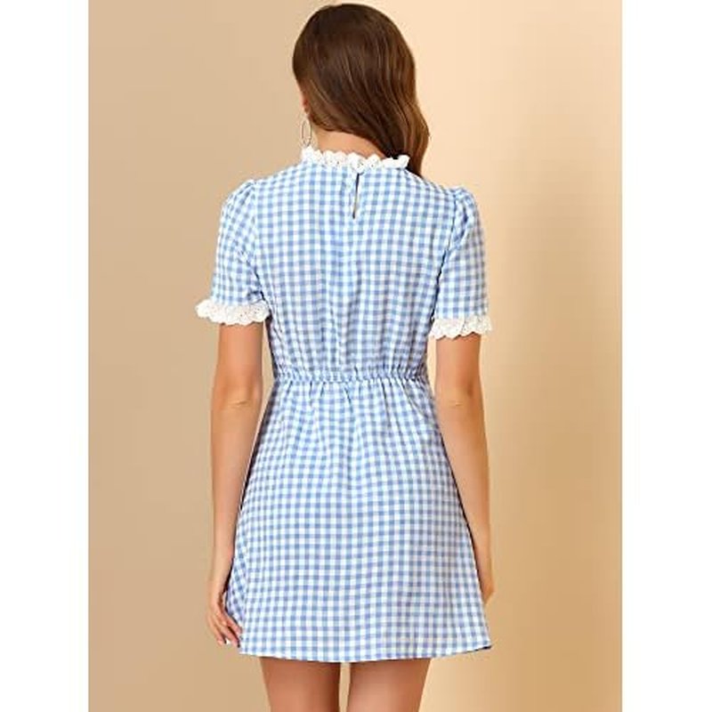 Allegra K Women Gingham Dress Summer Short Sleeve Crew Neck Lace Panel Plaid Mini Dresses Halloween Dorothy Costume
