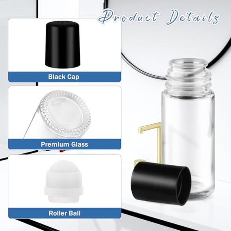 16 Pcs 30ml/1oz Glass Deodorant Roller Bottle Clear Roll-On Deodorant Containers with Black Lid for Essential Oils Cosmetic