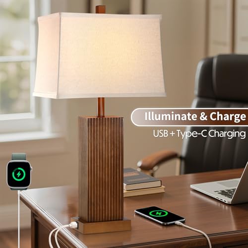 Walnut Wood Table Lamps Set of 2 with USB-C Ports, 2700K-5000K Bulb, Beig e Linen Shade