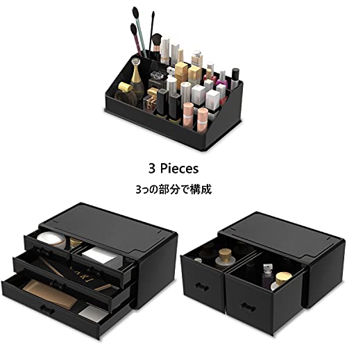 Makeup Organizer 3 Pieces with 6 Drawers - Black, 3 Layer Cosmetic Storage