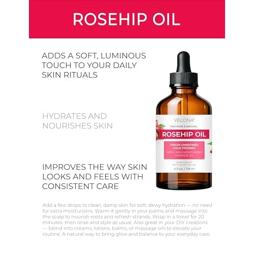 velona Rosehip Oil - 4 Fl Oz | 100% Pure and Natural Carrier Oil| Unrefined, Cold Pressed, Hexane Free | Moisturizing Face, Hair, Body, Skin Care, Stretch Marks, Scars¡¦