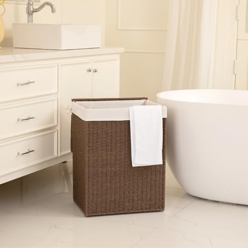 Laundry Hamper with Lid - 90L Brown Handwoven Wicker Basket for Bedroom & Bathroom