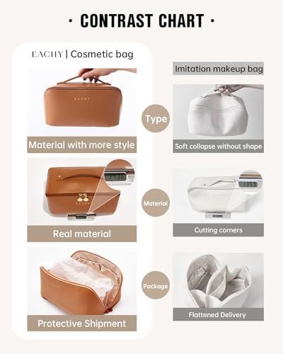 Travel Makeup Bag for Women Large - PU Leather Cosmetic Organizer, Brown, Open-Flat Design