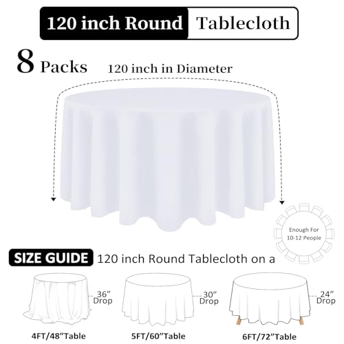 Heneger 8 Pack 120 Inch White Round Tablecloth for 48-96 Inch Tables