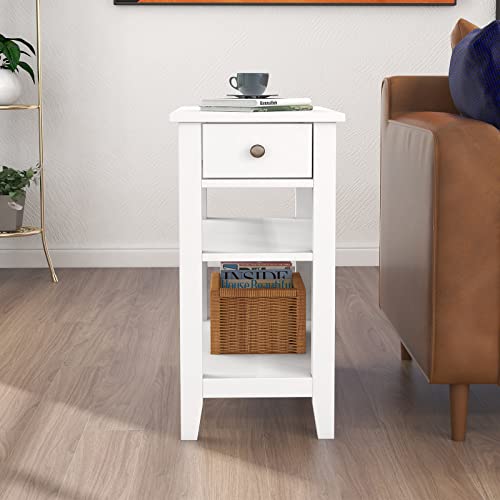 White ChooChoo Side Table with Drawer and Shelf for Living Room - Narrow Design