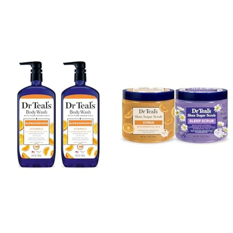 Dr Teal's Body Wash & Sugar Scrub Bundle with Epsom Salt, Vitamin C & Essential Oils, 24oz Body Wash (Pack of 2) & 19oz Sugar Scrub (Pack of 2)